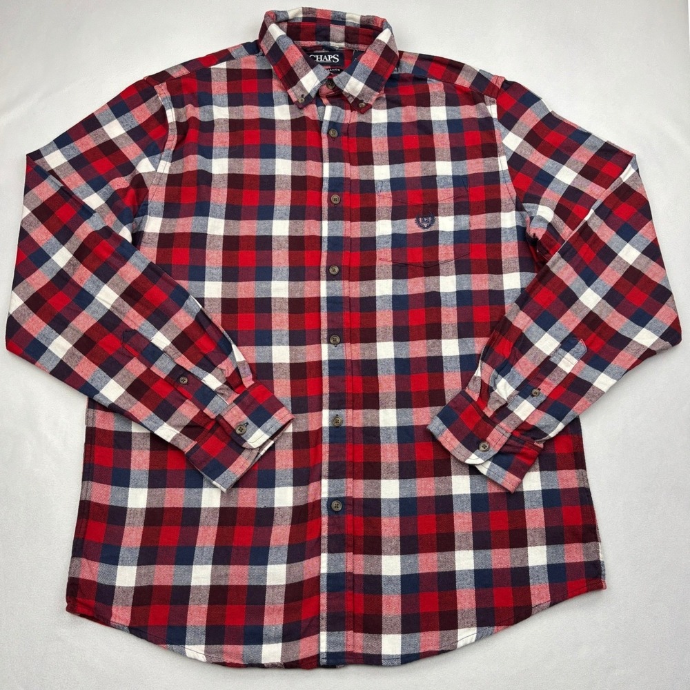 Chaps Performance Sport Shirt Mens M Red Navy Blue Plaid Cotton Button Down